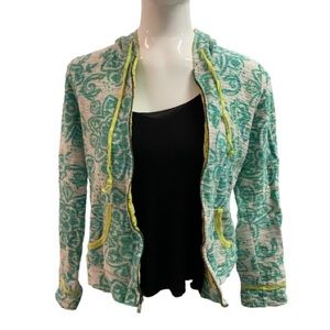 Grey teal graphic floral zip up hoodie neon green details pockets large